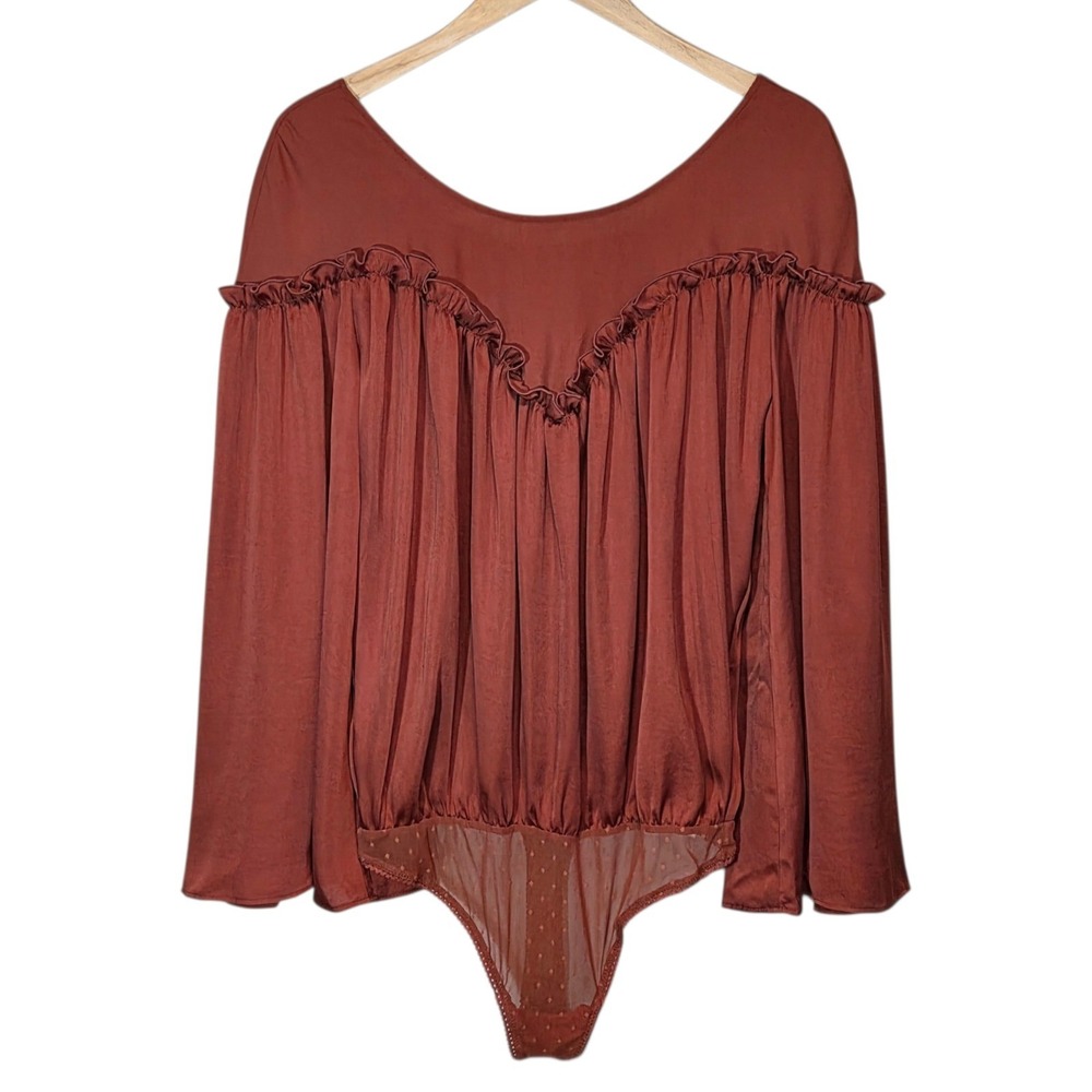 Free People Oversize Flowy Satin Bodysuit Dark Romantic Ruffle Bohemian Womens L